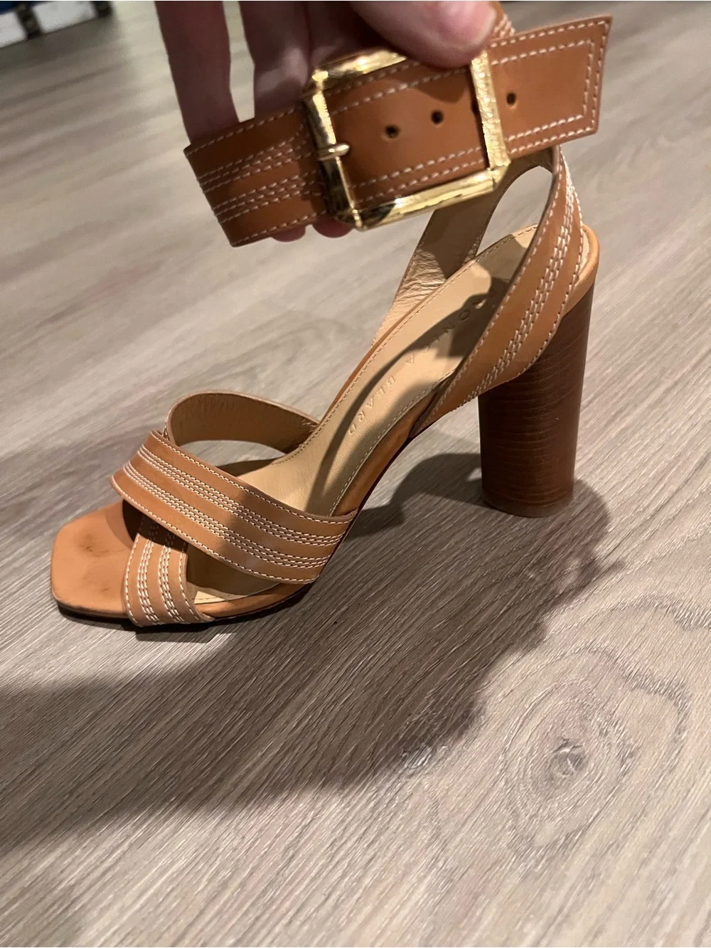Veronica Beard Tan Leather Ankle-Strap Block Heels